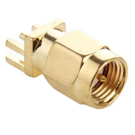 Pack of 10 Gold Plated SMA Male RF Connectors for PCB Mounting - single gold-plated SMA male PCB mount RF connector close-up