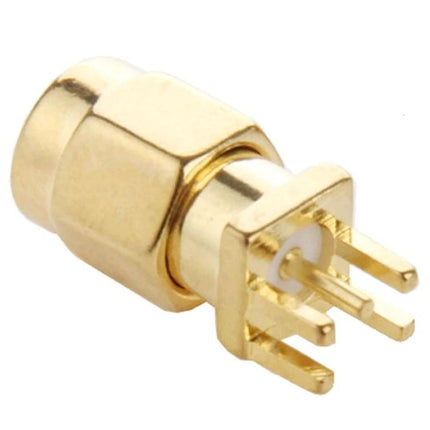 Pack of 10 Gold Plated SMA Male RF Connectors for PCB Mounting - gold plated PCB-mount SMA male RF connector close-up