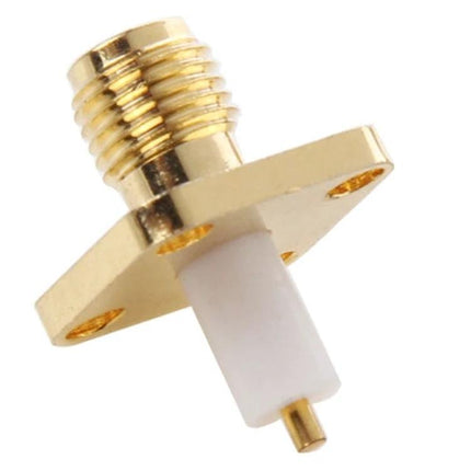 Gold Plated SMA Female 4-Hole Panel Mount Connector Set - close-up gold plated SMA female panel mount with white dielectric and four mounting holes