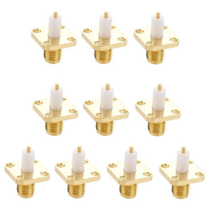 Gold Plated SMA Female 4-Hole Panel Mount Connector Set - close-up of gold plated SMA female 4-hole panel mount connectors (pack of 9)