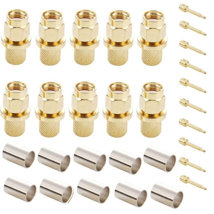 Gold Plated SMA Male Crimp Connector for RG58 RF Cables — kit of multiple gold-plated SMA male crimp connectors, pins and ferrules for RG58 cable termination