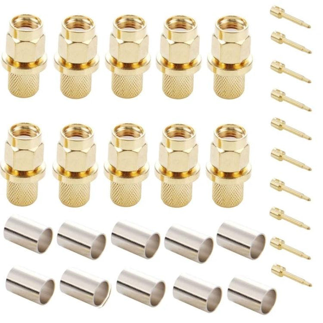 Gold Plated SMA Male Crimp Connector for RG58 RF Cables — kit of multiple gold-plated SMA male crimp connectors, pins and ferrules for RG58 cable termination