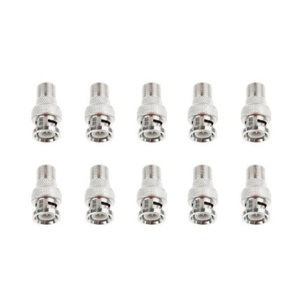 Set of 10 BNC Plug to F Jack Connectors for Daily Use - ten silver BNC-to-F adapters for CCTV and antenna connections