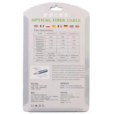 Digital Toslink Audio Cable with Gold Plated Connectors, 1.5 Meters - optical fiber cable packaging showing specifications and gold-plated connectors
