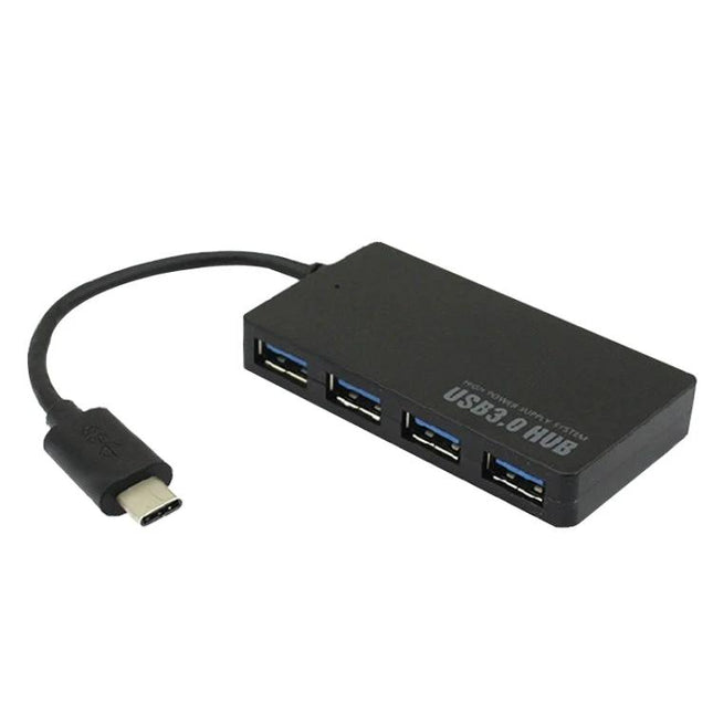 Practical USB Hub for Everyday Laptop Connections black USB-C to 4-port USB 3.0 hub for mouse keyboard and external drives up to 5Gbps