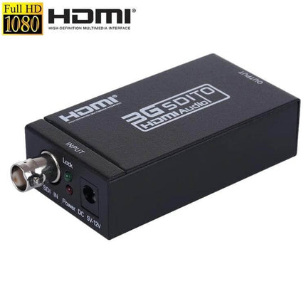 Mini SDI to HDMI Converter for Video Display Applications black converter box with SDI BNC input and HDMI output