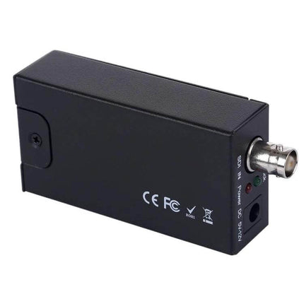 Mini SDI to HDMI Converter for Video Display Applications - compact black SDI-to-HDMI video signal converter with BNC input and HDMI output for broadcast