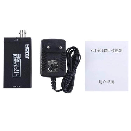 Mini SDI to HDMI Converter for Video Display Applications showing converter box, power adapter, and user manual