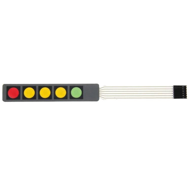 10-Piece Set of 1x5 Matrix Membrane Switch Keypads for Electronics - slim 1x5 keypad strip with colored round buttons and flat flex cable