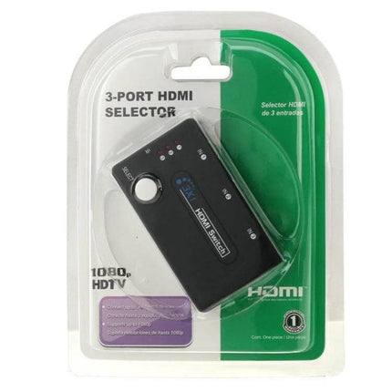 Compact HDMI Selector Switch with Remote for Home Devices and TVs - 3-port HDMI selector switch in retail packaging with remote control