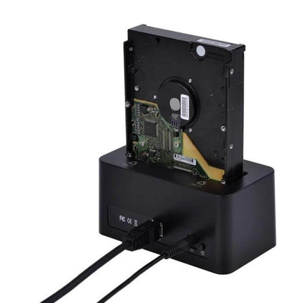 Orico Hard Drive Docking Station for 2.5 and 3.5 Inch Drives showing a 3.5-inch HDD inserted, USB 3.0 connection and power cables