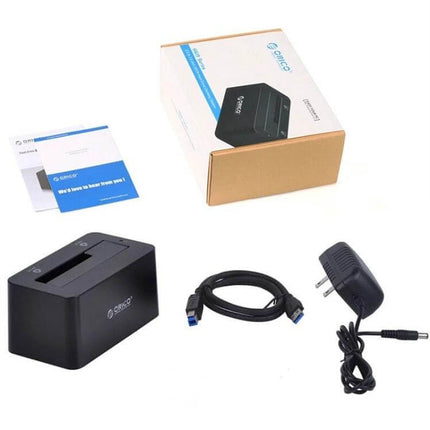 Orico Hard Drive Docking Station for 2.5 and 3.5 Inch Drives with USB 3.0 cable, power adapter and quick start guide