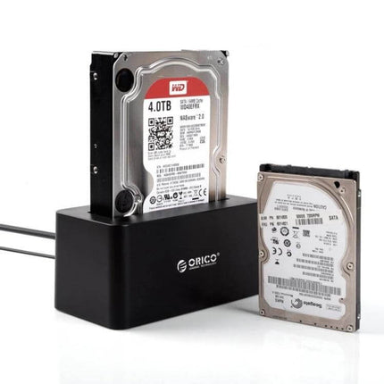 Orico Hard Drive Docking Station for 2.5 and 3.5 Inch Drives with 2.5" and 3.5" HDDs displayed, USB 3.0 docking station for backup and file transfer