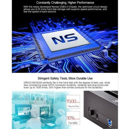 Orico Hard Drive Docking Station for 2.5 and 3.5 Inch Drives showing USB 3.0, NS chipset graphic, plug-and-play and durability features