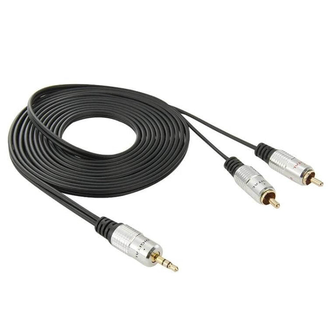 3.5mm Stereo Jack to Dual RCA Male Audio Cable for Connections - 3 Meters Long, black cable with gold-plated connectors for smartphone to stereo