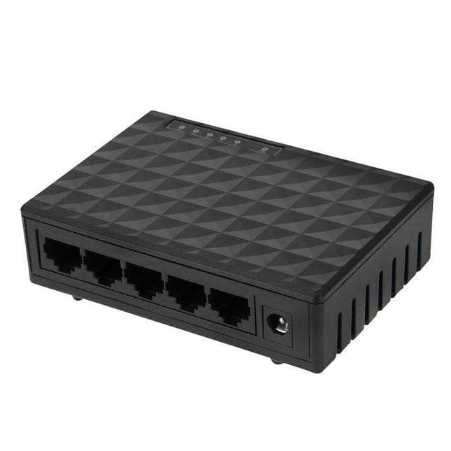 Gigabit 5-Port Ethernet Switch for Small Office and Home Use - black compact switch with five RJ45 ports and LED indicators