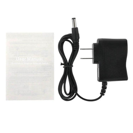 Gigabit 5-Port Ethernet Switch for Small Office and Home Use power adapter and user manual accessory image