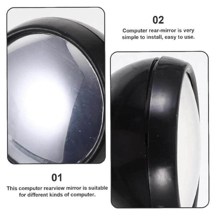 Convex Rearview Mirror for Monitoring Behind Your Computer Desk attached to monitor showing close-up of black convex mirror