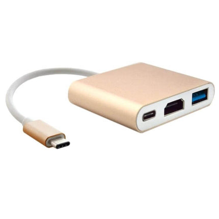 USB-C to HDMI Adapter for Laptop Monitor Connections gold dongle with HDMI USB-A and USB-C ports