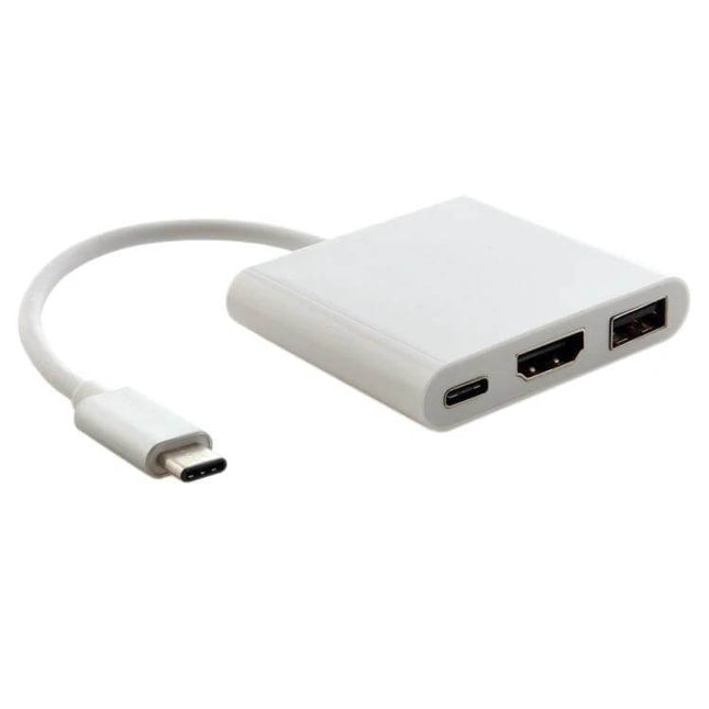 USB-C to HDMI Adapter for Laptop Monitor Connections showing white adapter with USB-C plug, HDMI and USB ports for extending laptop display