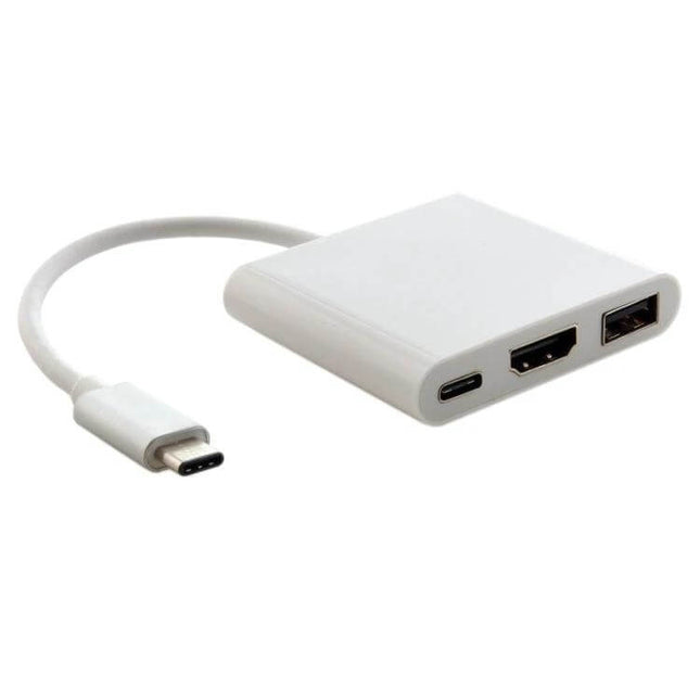 USB-C to HDMI Adapter for Laptop Monitor Connections showing white adapter with USB-C, HDMI and USB ports for extending or mirroring displays