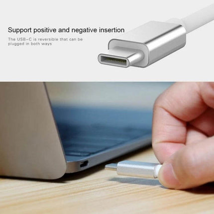 Gold USB Type-C to HDMI Adapter for Smartphones and Devices showing reversible USB-C plug and connection to laptop for screen mirroring