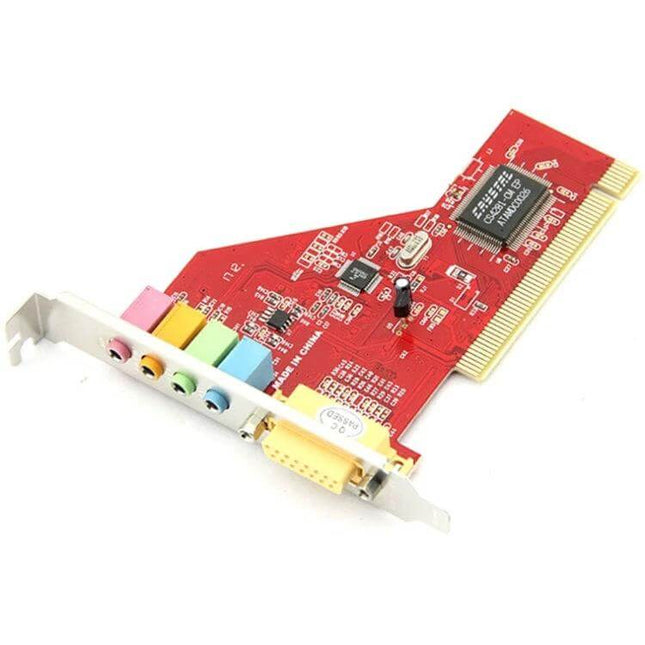 Crystal 4-Channel PCI Sound Card for Computer Audio Output - red PCI card with 3D surround audio jacks for gaming and music production