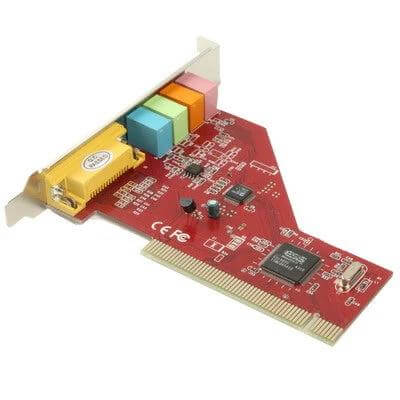 Crystal 4-Channel PCI Sound Card for Computer Audio Output showing red PCB, colored audio jacks and PCI connector for gaming and music
