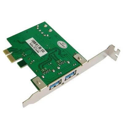 Add Two USB 3.0 Ports via PCI Express Adapter Card – green PCB card with two blue USB 3.0 ports and low‑profile bracket