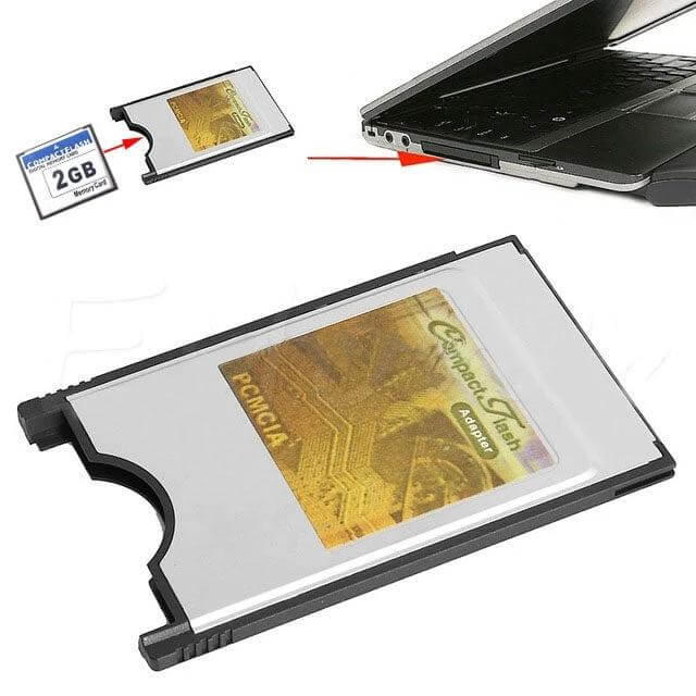 CF to PCMCIA Adapter for Connecting Compact Flash Cards to Laptops — PCMCIA card with CF inserted showing laptop slot access