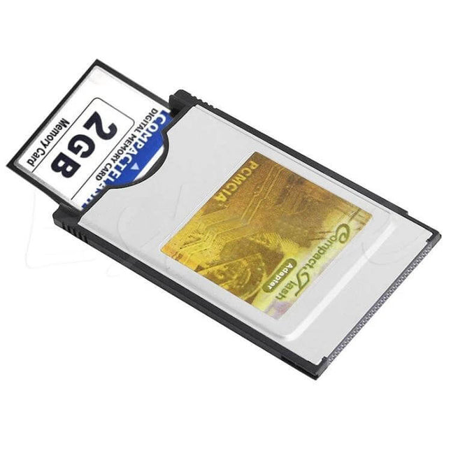 CF to PCMCIA Adapter for Connecting Compact Flash Cards to Laptops - PCMCIA card with inserted 2GB CompactFlash card