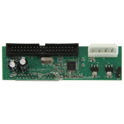 Universal PATA to SATA Hard Drive Converter Adapter for Legacy Systems showing 40-pin IDE port, Molex power connector and PCB electronics