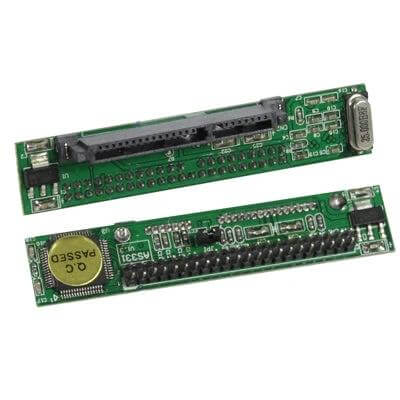 IDE to SATA Converter Adapter for Optical Drives and HDDs showing green PCB adapter board with IDE connector and SATA interface for legacy drives