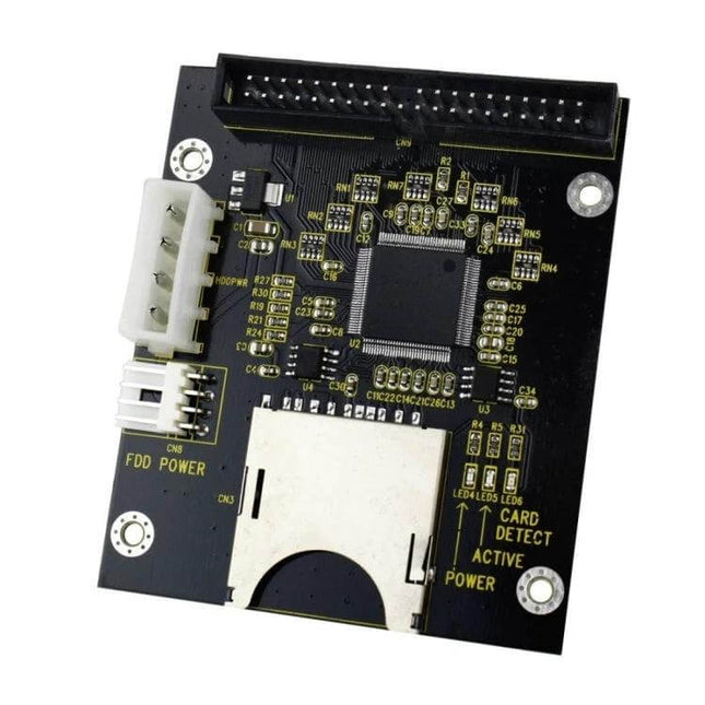 SD Card Adapter for Converting Cards to Computer Hard Drives - black PCB IDE adapter board with SD card slot, power connector, and chipset