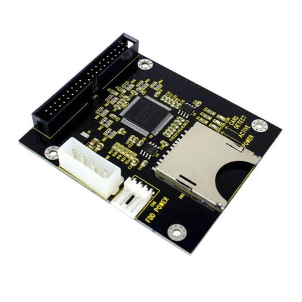 SD Card Adapter for Converting Cards to Computer Hard Drives — black PCB IDE board with SD slot, power connectors and controller chip for bootable storage