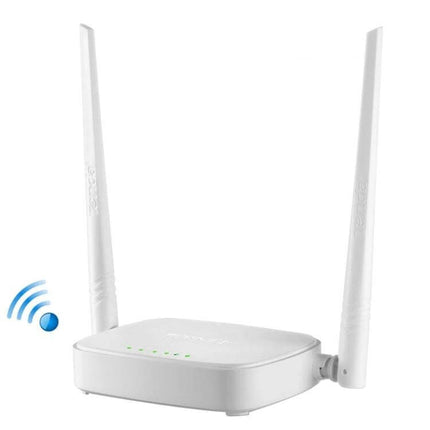 Tenda Easy-to-Set-Up Wireless Router for Home Networking white dual-antenna router on white background, easy setup for home streaming and browsing