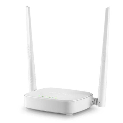 Tenda Easy-to-Set-Up Wireless Router for Home Networking white dual-antenna router image showing LED status lights and compact design
