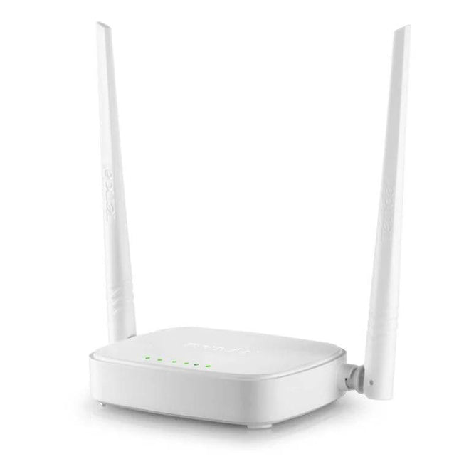 Tenda Easy-to-Set-Up Wireless Router for Home Networking white dual-antenna router image showing LED status lights and compact design