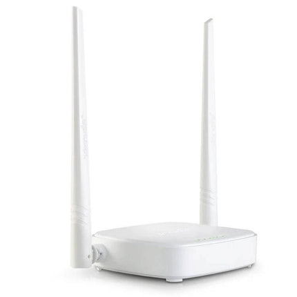 Tenda Easy-to-Set-Up Wireless Router for Home Networking white dual-antenna router on white background, compact home networking device