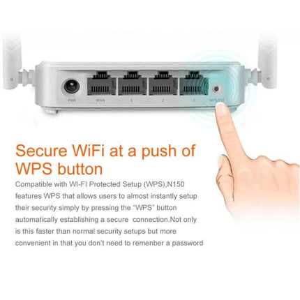 Tenda Easy-to-Set-Up Wireless Router for Home Networking showing rear ports and finger pressing WPS button