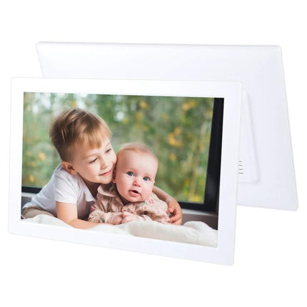 17-Inch Digital Photo Frame for Viewing Photos and Videos showing siblings slideshow on LED screen with USB and HDMI connectivity