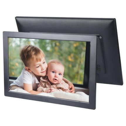 17-Inch Digital Photo Frame for Viewing Photos and Videos showing siblings on screen, LED display with USB and HDMI connectivity