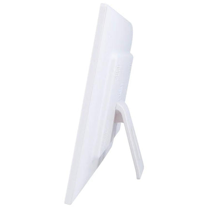 Side view of white 17-Inch Digital Photo Frame for Viewing Photos and Videos with rear stand and slim LED design