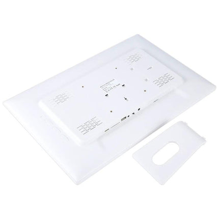 17-Inch Digital Photo Frame for Viewing Photos and Videos shown from back with ports and removable stand, white LED display housing