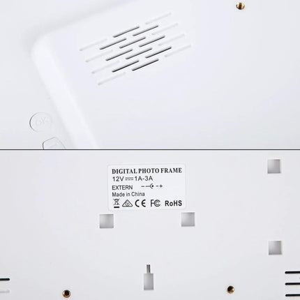 17-Inch Digital Photo Frame for Viewing Photos and Videos showing white back panel with vents, mounting slots and label with power specifications