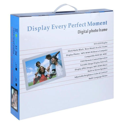 17-Inch Digital Photo Frame for Viewing Photos and Videos - white boxed LED frame with handle showing family slideshow