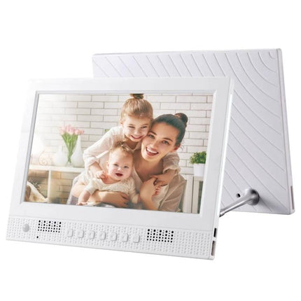 10.1 Inch Digital Photo Frame for Photos and Video Playback showing family photo on clear 1024x600 LED screen with playback buttons