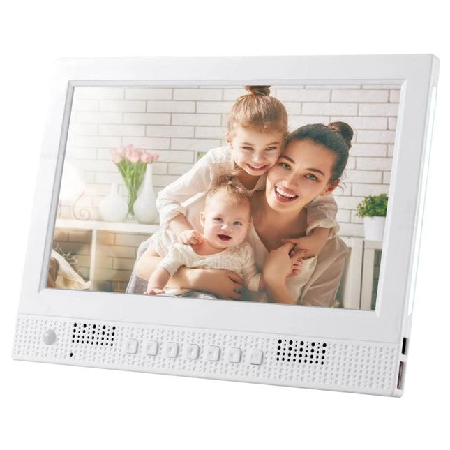 10.1 Inch Digital Photo Frame for Photos and Video Playback showing family photo on 10.1 inch LED display with buttons and speakers