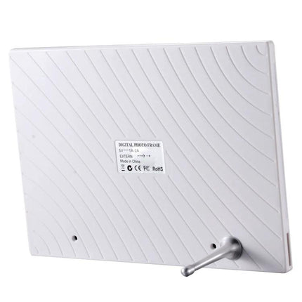 10.1 Inch Digital Photo Frame for Photos and Video Playback - white rear view with stand, textured back panel and label
