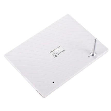 10.1 Inch Digital Photo Frame for Photos and Video Playback showing white rear panel and stand on desk